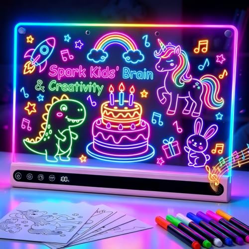 16 Inch LED Drawing Board for Kids Rechargeable Pink 5 Music Modes 14 Light Effects