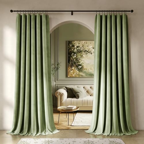Image of Beauoop Sage Green Velvet Curtains 108 Inches Long 2 Panels for Bedroom Living Room Soft Luxury Room Darkening Thermal Insulated Soundproof Rod Pocket Window Treatments Drapes, 52X108 Set of 2