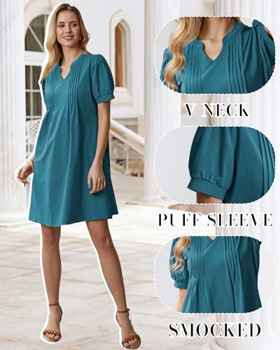 Image of Summer Dresses for Women 2025 Shift Dress V Neck Puff Short Sleeve T Shirt Dress Women's Casual Dresses Sundress