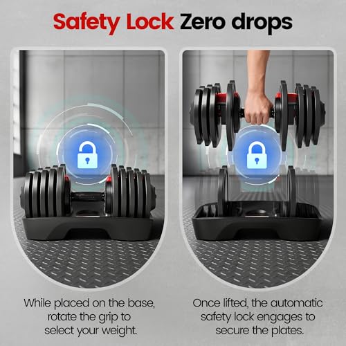 Yagud Adjustable Dumbbell Set, 90 lbs Weights Dumbbells, 1 Hand Rotation, Safety Lock System, Anti-Slip Textured Handle, Space-Saving Dumbbell Set for Full-Body Home Gym - Image 5