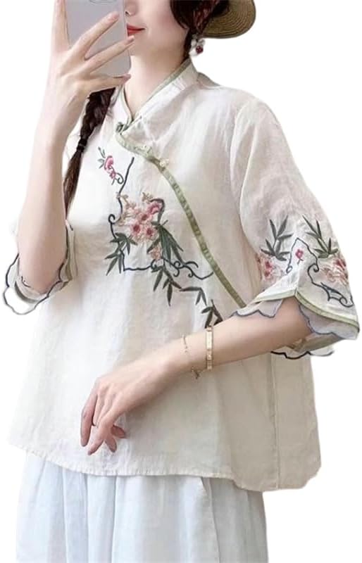 JYHBHMZG Women's Summer Cotton Linen Shirt Asymmetrical Frog Button Loose Tea Outfit Embroidered Retro 3/4 Sleeve Blouse