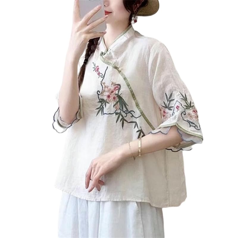 Chemise en coton et lin col grenouille asymétrique pour tenue de thé