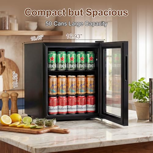 Image of Mini Fridge 50 Can, Small Beverage Refrigerator with Reversible Glass Door, Countertop Drink Cooler with Temperature Control, Compact Beer Soda Fridge for Office Dorm Kitchen, Black