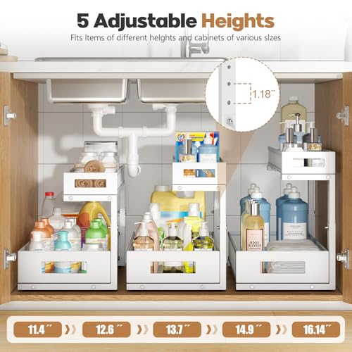 Image of 2 Pack 19IN Depth Under Sink Storage Organizer, Large 2-Tier Elegant Mesh Pull Out Shelf for Kitchen and Bathroom Cabinet Organization, L-Shaped and Adjustable Height Design-White
