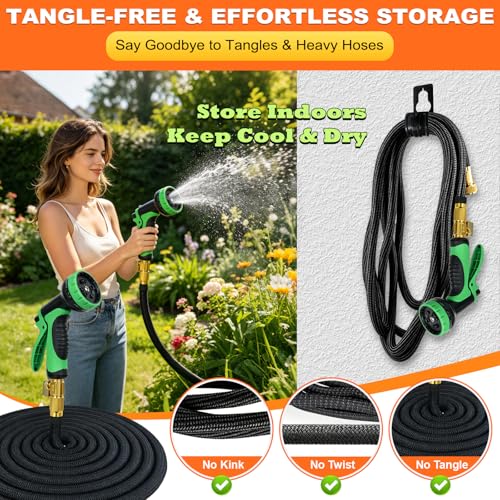 75FT Expandable Garden Hose with 10 Spray Nozzle, Lightweight Water Hose with 3-Layers Latex and 3/4" Solid Brass Fittings, Kink-Free Retractable Flexible Gardening Hose with Storage Bag, Kink-Free by Gtoopal - Used condition - Image 6