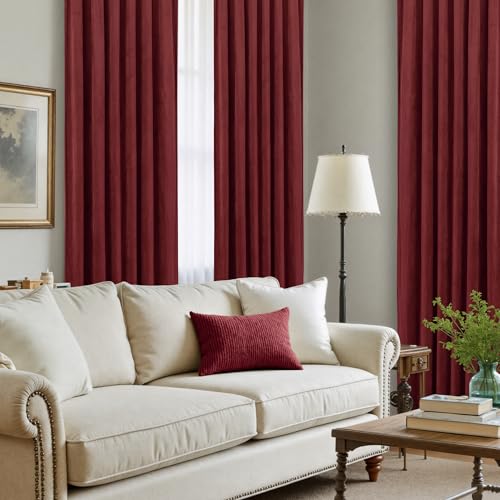 LAMIT Red Velvet Curtains 120 Inch for Living Room, Vintage Thermal Blackout Panels Room Darkening Back Tab and Rod Pocket Christmas Decor Drapes for Bedroom/Theater, 2 Panels, 52 x 120 Inch
