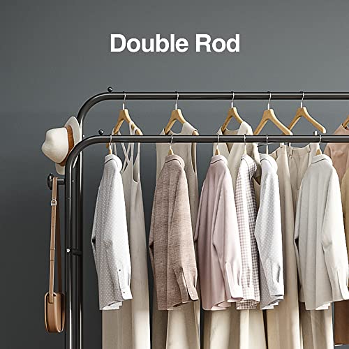 Joiscope Double Rods Portable Garment Rack For Hanging Clothes, Space Saving Clothing Rack, Freestanding Hanger With Bottom Shelves And 4 Hooks, Heavy Duty Clothes Rack For Bedroom, 43Inch, Black #TOP4