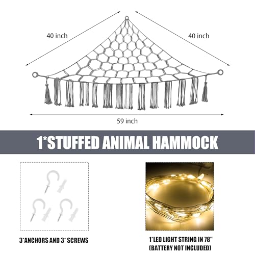 Image of CERETIA Stuffed Animal Hammock with LED Light, Large Stuffed Animals Storage Corner Plushie Net for Kids Room Decor, Grey