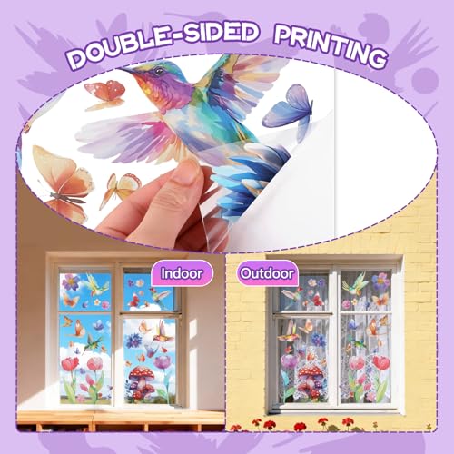 Fensterbilder Frühling, 9 Blatt Blumen Vögel Fenstersticker Frühling Selbstklebend Fensteraufkleber Wiederverwendbar Fensterfolie Beidseitig Fenster Sticker, für Kinderzimmer Küche Sommer Fensterdeko