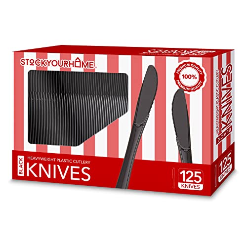 Stock Your Home (125-Count Plastic Knives, Disposable Silverware for Dinner, Heavy Duty Utensils, Heavyweight Party Flatware, Bulk Cutlery in Black