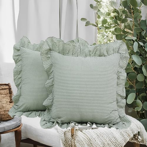 Lemfux Gingham Ruffle Pillow Shams, 100% Cotton Breathable Skin-Friendly Green White Checkered Pillow Covers, Shabby Chic Farmhouse Coquette for Girls Bedroom Sofa Cottage Home Decor