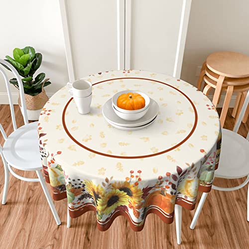 Fall Tablecloth Round 60 Inch Thanksgiving Autumn Pumpkin Sunflower Grove Waterproof Table Cloth Anti Wrinkle Table Cover For Kitchen Dining Room #TOP5
