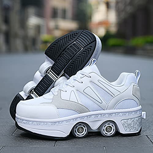 Image of Roller Skates for Women /Girls, Retractable Kick Roller Shoes with Wheels for Men, Outdoor Quad Wheel Rink Skates Adjustable Deformation Sneakers for Adult /Boys