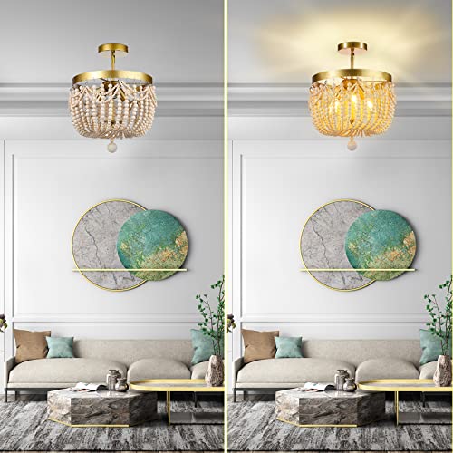 3 Light Boho Wood Beaded Chandelier Oak Finish Semi Flush Mount Ceiling Light Fixtures Rustic Mini Chandelier For Nursery Room, Bedroom, Girl Room, Kids Room, Bathroom, Entryway, Hallway, Passway #TOP3