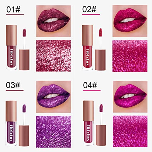 4 Colors Glitter Lipsticks Diamond Shimmer Metallic Lip Stick Set Kit Long Lasting, Purple Red Matte To Glitter Sparkle Sparkly Glossy Liquid Lipstick Lip Gloss Set For Women Lips Make Up #TOP3