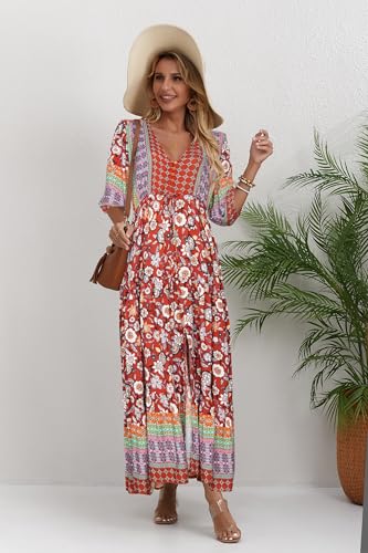 Image of Women Short Sleeve V Neck Floral Print Casual Bohemian Maxi Dresses