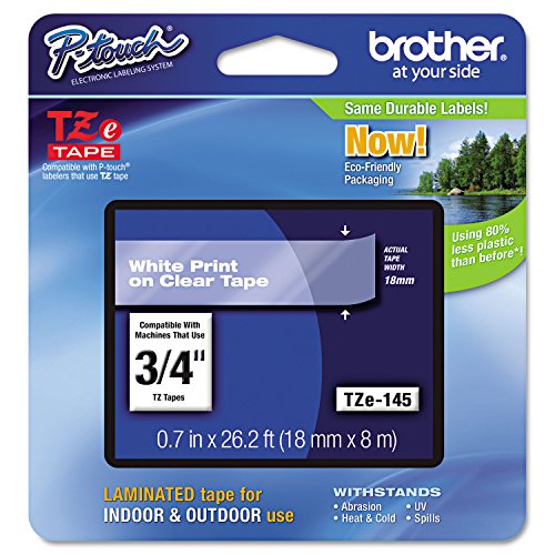 Brother P-Touch TZE145 - TZe Standard Adhesive Laminated Labeling Tape, 3/4w, White on Clear-BRTTZE145