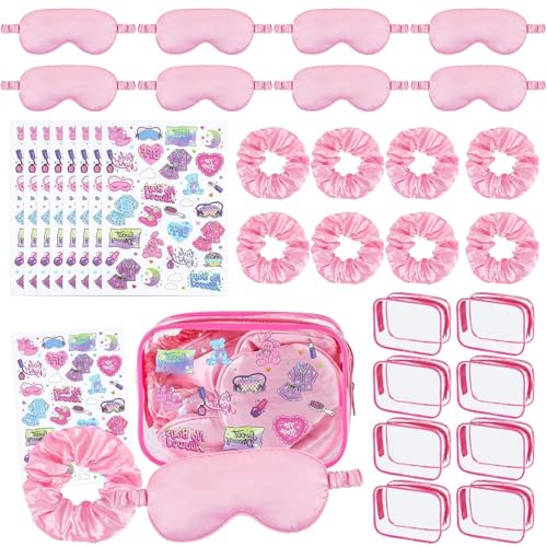 YLOLUL 16 Pcs Spa Sleepover Party Supplies for Girls Makeup Party Favor with Hair Scrunchies Clear Cosmetic Bags Eye Masks Sleepover Temporary Tattoos for Slumber Spa Essentials Favors Gift