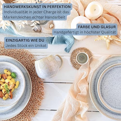 SÄNGER | Tafelservice Santorini 12 tlg, Teller Set 4 Personen TEST SEHR GUT, Steingut Geschirr Set inkl. Speise- Dessertteller & Tiefe Teller Creme mit Flieder Blauem Verlauf | PREMIUM COLLECTION