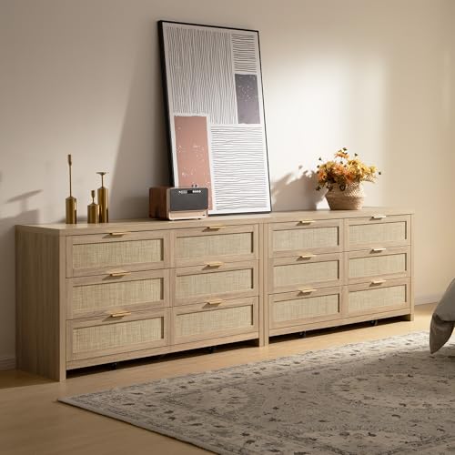 Image of SICOTAS Rattan Dressers for Bedroom Set 2, Large 6 Drawer Dresser Long Chest of Drawers, Dresser Farmhouse TV Stand for Bedroom, Living Room, Closet (Reclaimed Light Oak, 2 Pieces)