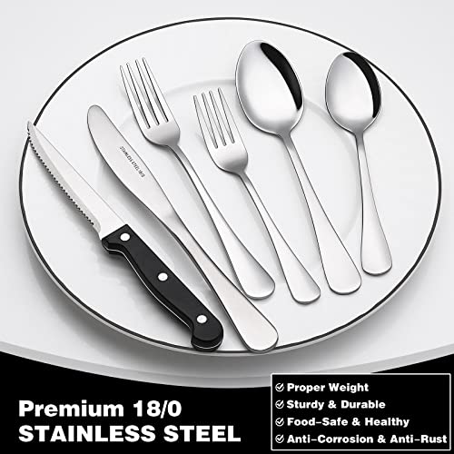 48-Piece Silverware Set With Steak Knives, Flatware Set For 8, Food-Grade Stainless Steel Tableware Cutlery Set, Utensil Sets For Home Restaurant, Mirror Finish, Dishwasher Safe #TOP3