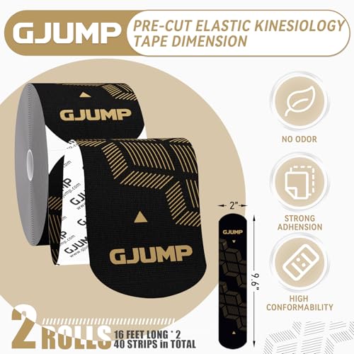 Image of Kinesiology Tape, 40 Count Precut Strips 2 Rolls Original Cotton Tape | Elastic Athletic Tape for Muscle Strain Relief & Joint Support, Latex Free Kinetic Tape, Waterproof & Breathable Sports Tape