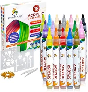 Bonanza World Acrylic Paint Pens for Rock Painting. Water-Based 18 Paint Markers for Glass Paint. Acrylic Pens for Fabric, Canvas, Wood and Ceramic Mugs. 2-5mm Medium Dual-Tip Paint Pens.