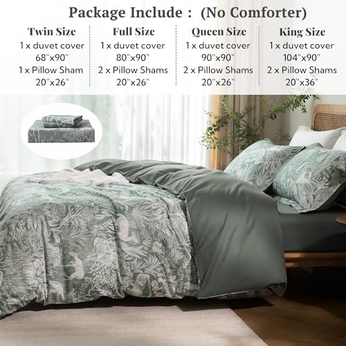 MILDLY King Size Duvet Cover Set 100% Long-Staple Cotton Luxury Green Floral Patten Reversible Comforter Cover Set 3Pcs
