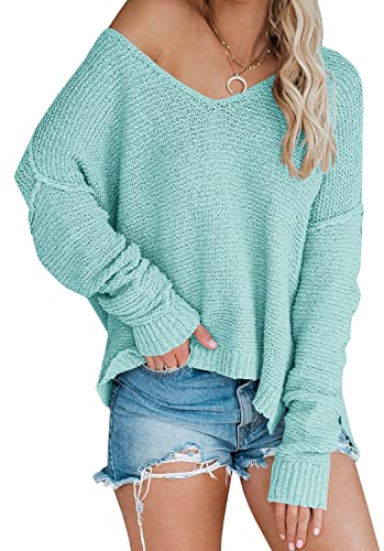 Image of Women's Off Shoulder Knit Sweaters Oversized V Neck Long Sleeve Loose Lightweight Pullover Tops