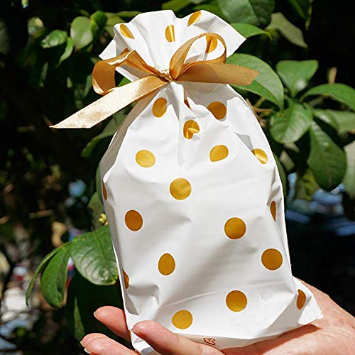 Elwish 24pcs Treat Bags Party Favor Bags Gold Plastic Drawstring Candy Goodies Food Storage Bags Gift Wrapping Package