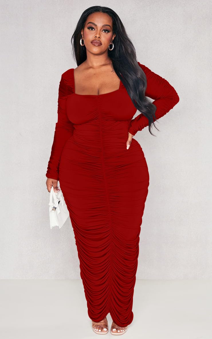 Snapklik.com : Womens Sexy Plus Size Long Sleeve Bodycon Ruched Square Neck  Party Long Dress Red