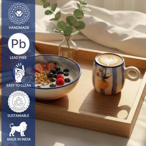Image of Ceramic Breakfast Set | Bowl & Coffee Mug Combo | Cute Aesthetic Tableware Set for Breakfast, Snacks & Beverages | Microwave & Dishwasher Safe (Blue Stripe)