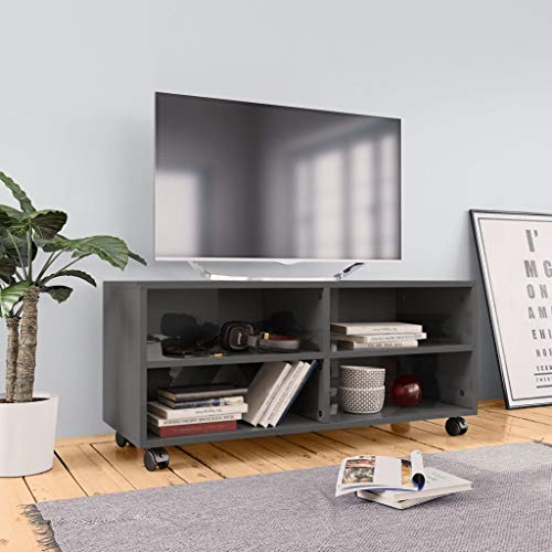 Chusui Meuble TV Table Television Buffet Armoire Basse Centre de Divertissement Meuble de Salon Maison Intérieur Meuble TV avec roulettes Gris Brillant 90x35x35 cm Aggloméré