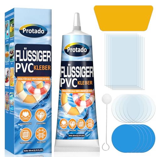 Protado Pool Reparaturset mit 80 ml PVC Kleber, Wasserdichtes Pool Flicken Reparaturset für Luftmatratzen, Schlauchboote, Pools, Kajaks, Whirlpools & Zelte