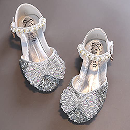Princess Shoes For Kids Fashion Summer Girls Sandals Dress Performance Dance Shoes Shiny Rhinestone Sequin Bow Pearl (Silver-a, 25)4