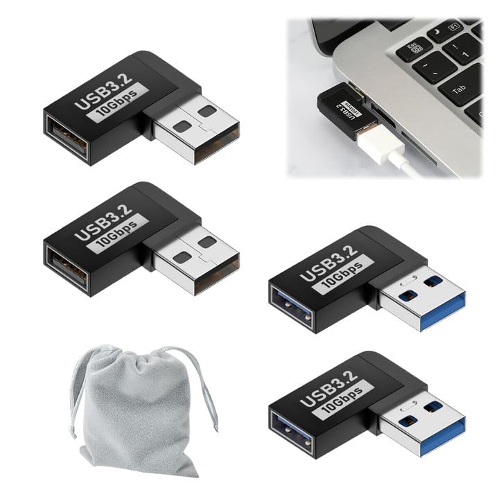 AOUZOVLI 4 Stück USB Winkelstecker 90 Grad USB Winkelstecker 90 Grad Adapter 3.2 Winkel Adapter,Geeignet für Pc Laptop Autoladegerät Vorwärts+Rückwärts,mit 1 Aufbewahrungstasche