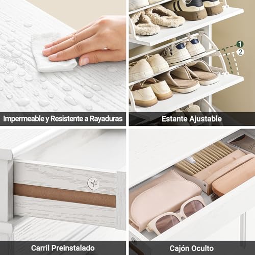 Miniatura 9 de Sobuy Mueble Zapatero Estrecho Entrada Recibidor, Zapatero Blanco Estrecho Con Cajón, Diseño Vintage Madera Blanca, Mueble Recibidor 24 Cm Fondo, 54x24x120 Cm, Fsr94-Wg