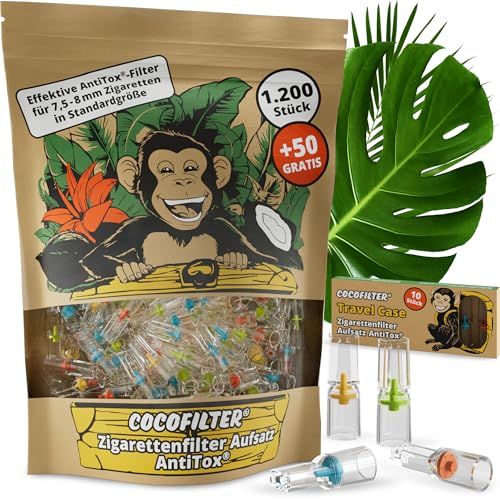 CocoFilter® Embout pour filtre cigarette AntiTox® [1200 + 50 pièces] - filtres anti goudron réutilisables pour cigarettes de 7,5-8 mm - 1250 embouts, étui de transport inclus
