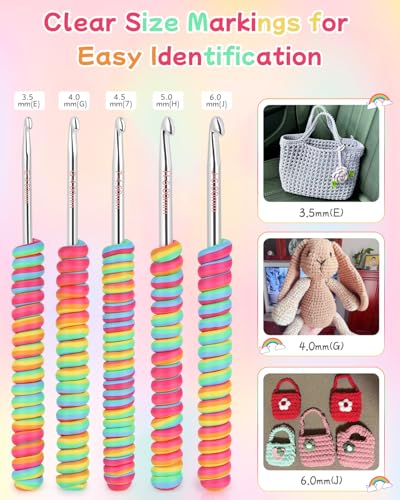 Image of 5 Sizes Crochet Hooks for Beginners 3.5mm(E)-6.0mm(J), Gradient Rainbow Ergonomic Grip for Arthritic, Extra Long Aluminum Crochet Needles, Ideal Crocheting Set Gift