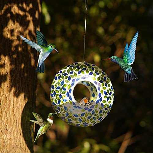 Topadorn 9" Glass Mosaic Bird Feeder, Hanging Fly Through Wild Bird Feeder, Weatherproof Outdoor Garden Decor, Blue Green Stained Glass Style by Topadorn - Image 3
