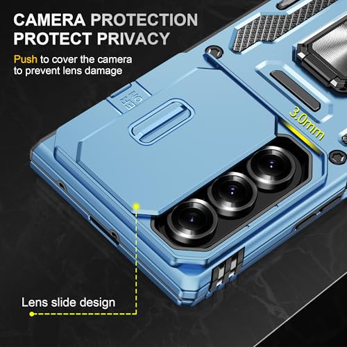 Image of Slide Camera Cover with Ring Holder Mobile Phone Case Cover for Samsung Galaxy Z Fold7 5G (Blue)