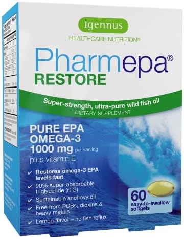 Pharmepa Restore, 1000mg Pure EPA Fish Oil, High Absorption rTG Omega-3, Triple Strength, High-Barrier Blister Packaging, Lemon Flavor, 1-Month Supply, 60 softgels