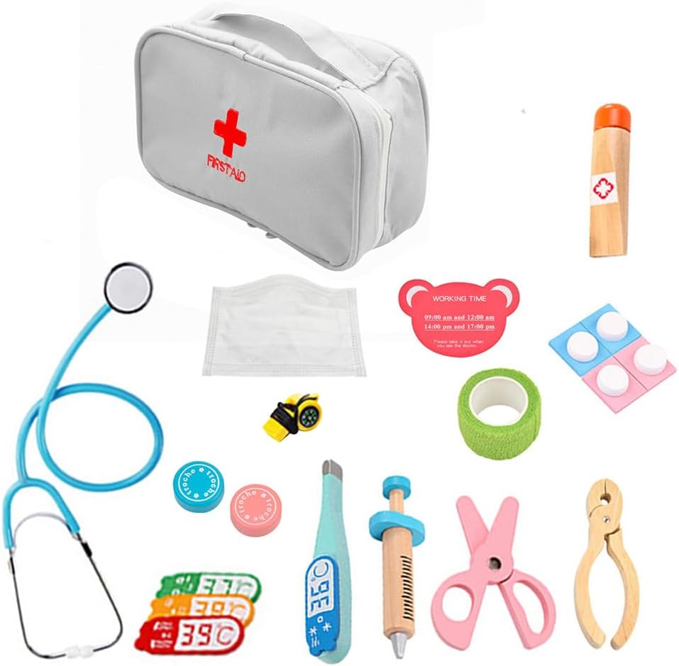 Pretend Doctor Toy Set of 15 Wooden Toys, Dowel, Educational Toy, Doctor, Stethoscope, Ambulance, For Children, Girls, Boys, Society, Language Skills, Imagination, Pretend Play, Kids, Birthday,