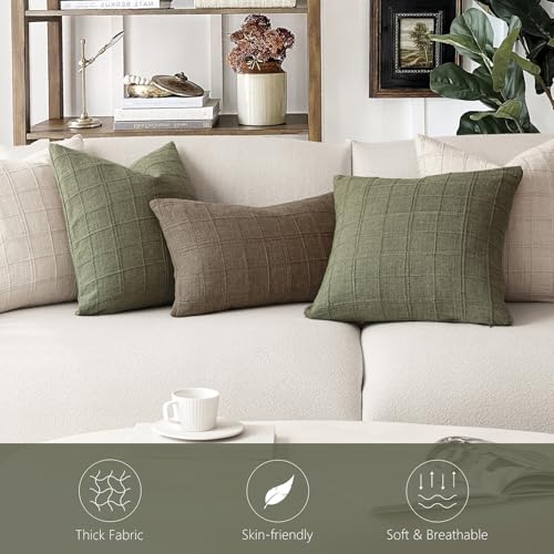 Image of Foindtower Set of 1 Decorative Linen Check Throw Pillow Cover Neutral Farmhouse Lumbar Cushion Cover Modern Boho Home Decor for Sofa Chair Couch Bedroom Living Room Outdoor,12x20 Inch,Sage Green