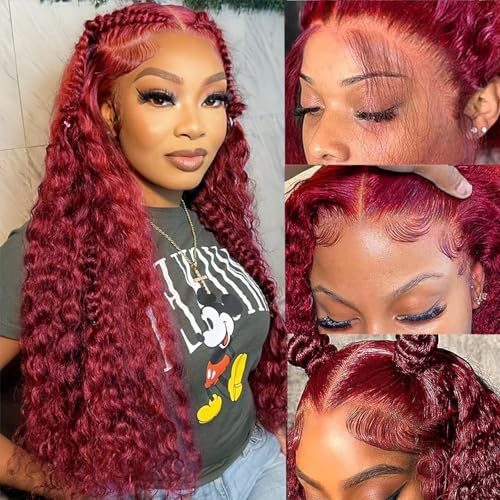 Image of 30 Inch 99j Burgundy Lace Front Wigs Human Hair 13x4 Deep Wave Lace Front Wigs Human Hair Pre Plucked Wet Wavy Wine Red Curly Wig 180% Density HD Transparent Lace Frontal Wig Water Wave Wig for Women