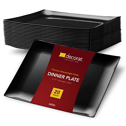DECORAT PLASTIC PLATES/DINNER PLATES | 11.75 Inch Black Party Plates - 20 Pack | Rectangle Disposable Plates | Elegant & Fancy Heavy Duty Party Supplies Plates for all Holidays & Occasions