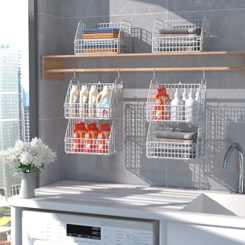 Image of PUPPYCUTE Hanging Closet Organizer and Storage, Clothes Hanging Shelves Wire Baskets for Clothing Sweaters Purse Handbags Shoes White 5 Tier