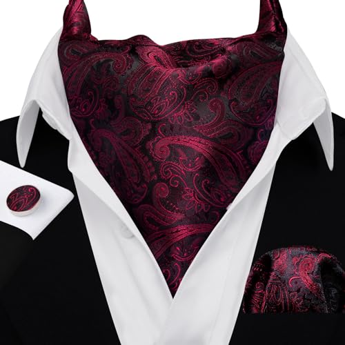 Image of Barry.Wang Ascot Ties Cravat Tie Men Paisley Plaid Scarf Self Tie Pocket Square Cufflinks Set Wedding Party