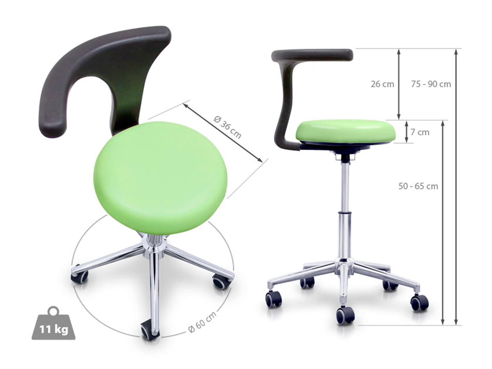 QUIRUMED Taburete con Respaldo ergonómico Profesional, Color Azul Marino, Estructura en Acero Inoxidable, Polipiel, Base con Ruedas, Asiento Regulable en Altura, hasta 120 kg