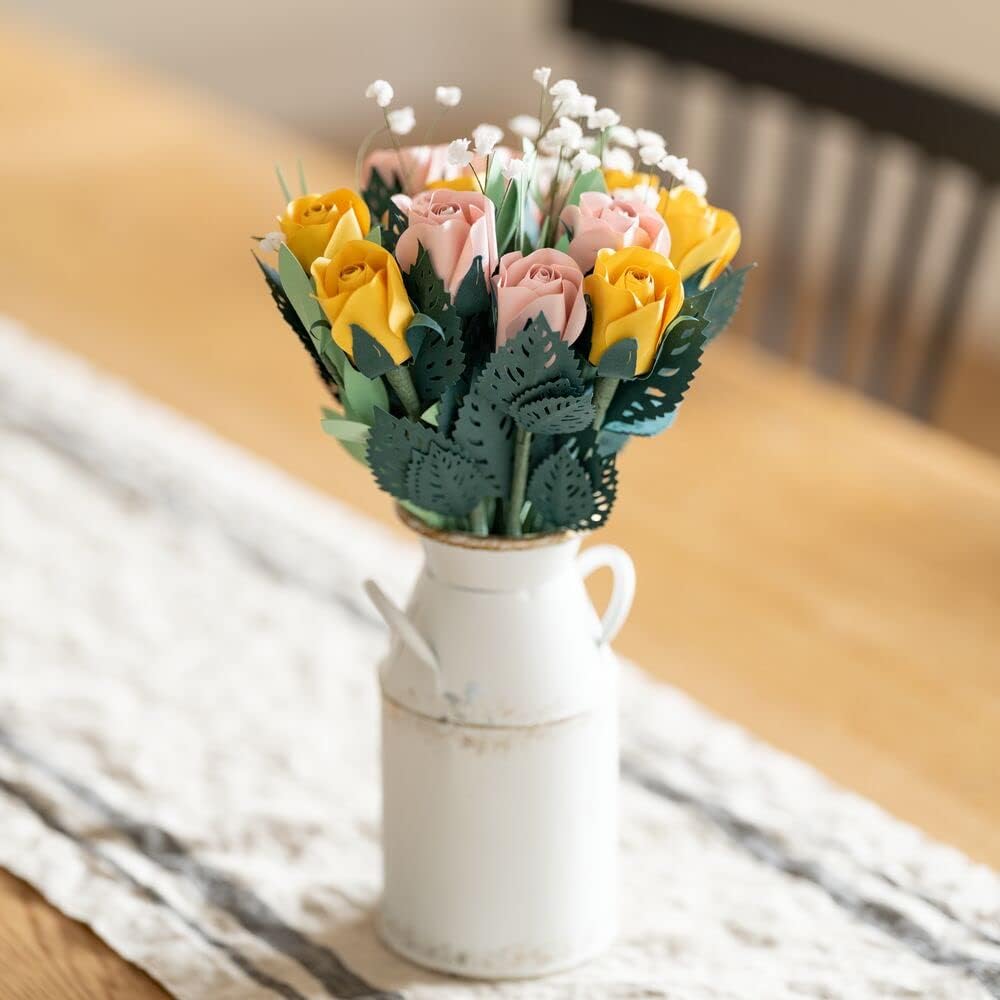Lovepop Handcrafted Paper Flowers: Pink and Yellow Roses (12 Stems) with Lovely Hummingbird Pop-Up Card - Unique 3D Floral Bouquet with Greeting Card